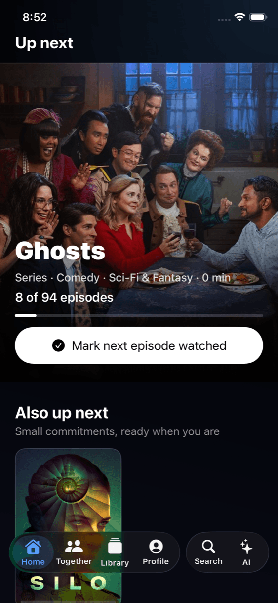 OpenTV Tracker Up Next screen showing Ghosts episode progress and artwork